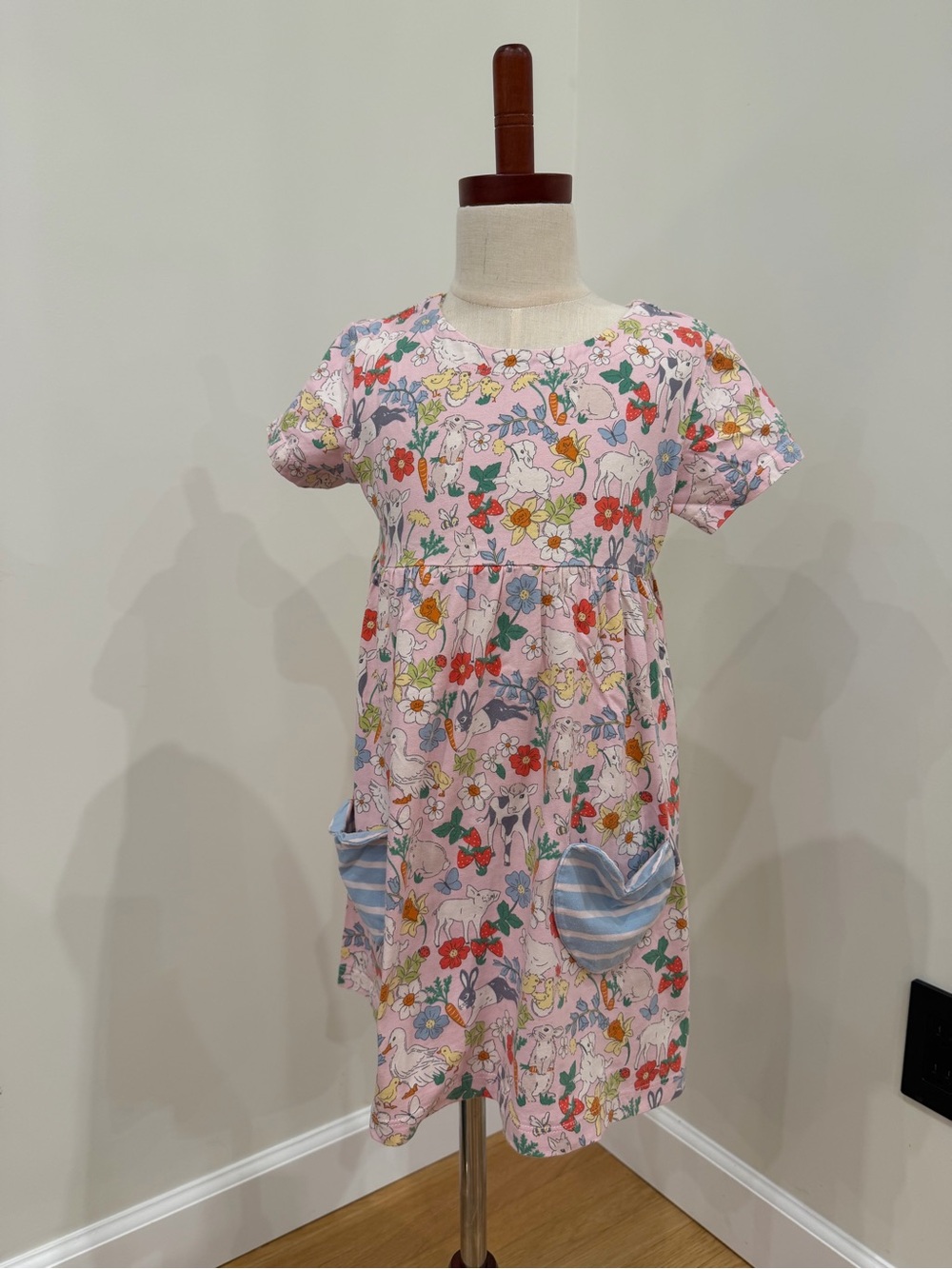 Mini Boden Pink Floral Unicorn Dress with Blue heart shaped Stripe Pockets